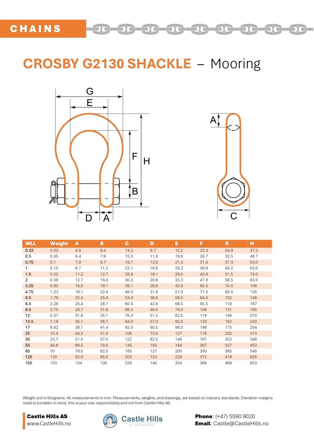Crosby G2130 Safety Bow Shackle Technical drawing