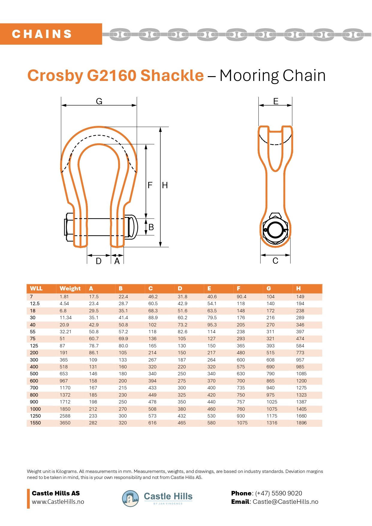 Crosby G2160 shackle technical drawing