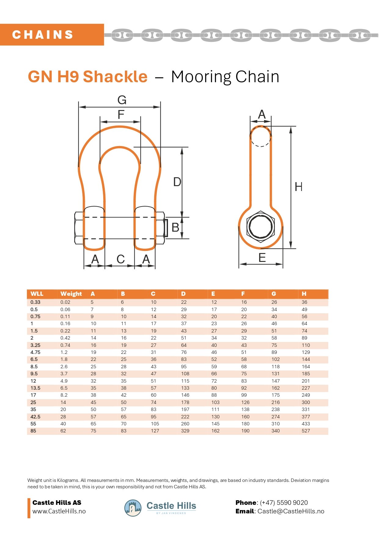 Technical drawing of a mooring shackle and weight tables