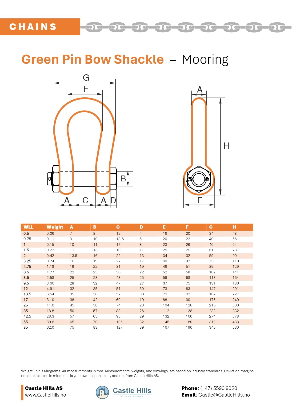 Technical drawing of a Green Pin mooring shackle and weight tables