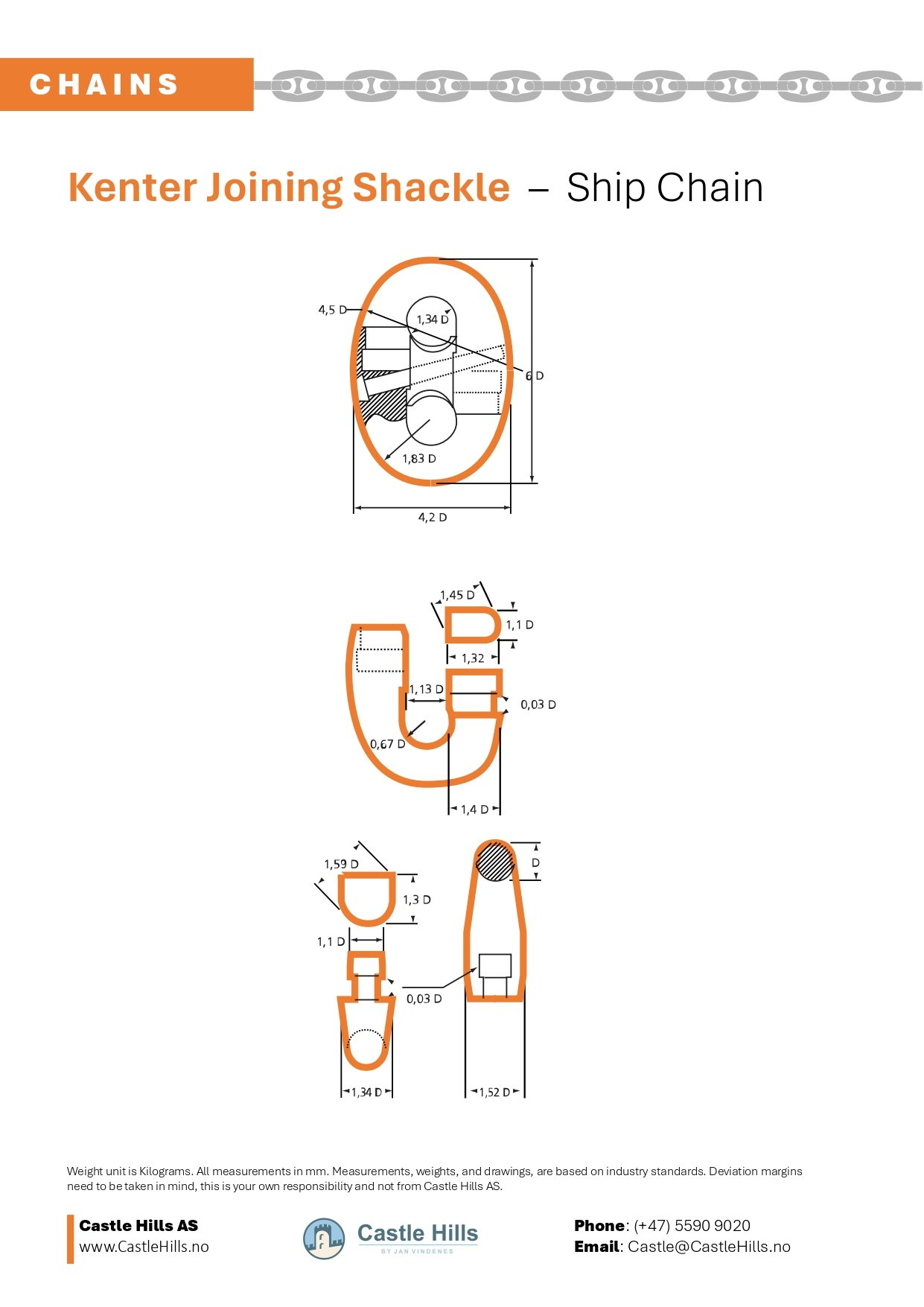 Drawing of Kenter Shackle and tables of weights and sizes