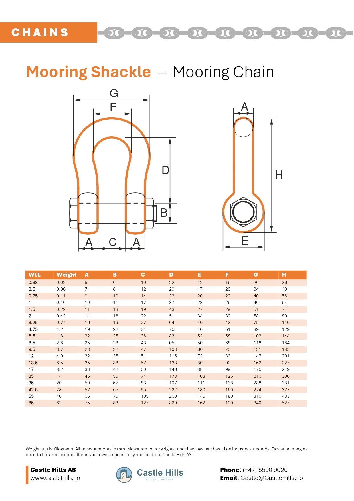 Technical drawing of a mooring shackle and weight tables