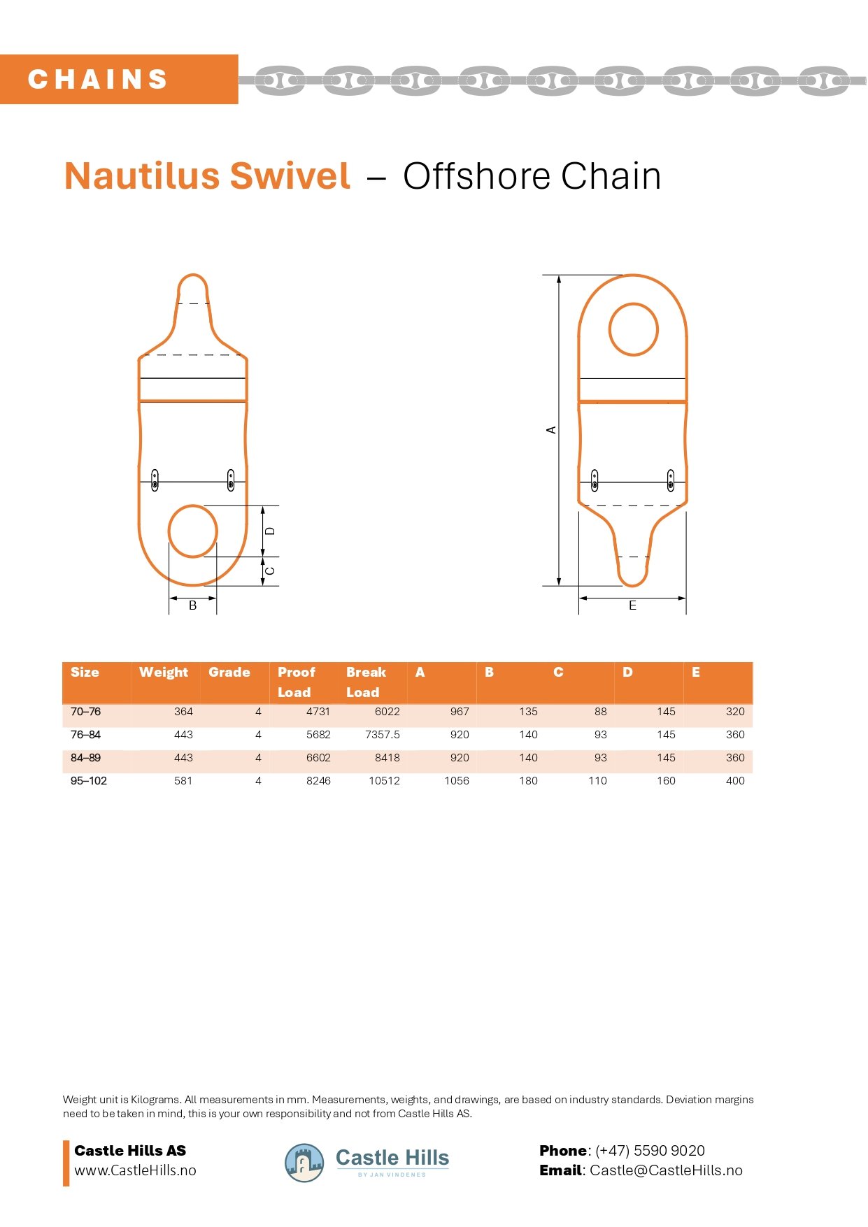 Nautilus Swivel drawing and weights tables