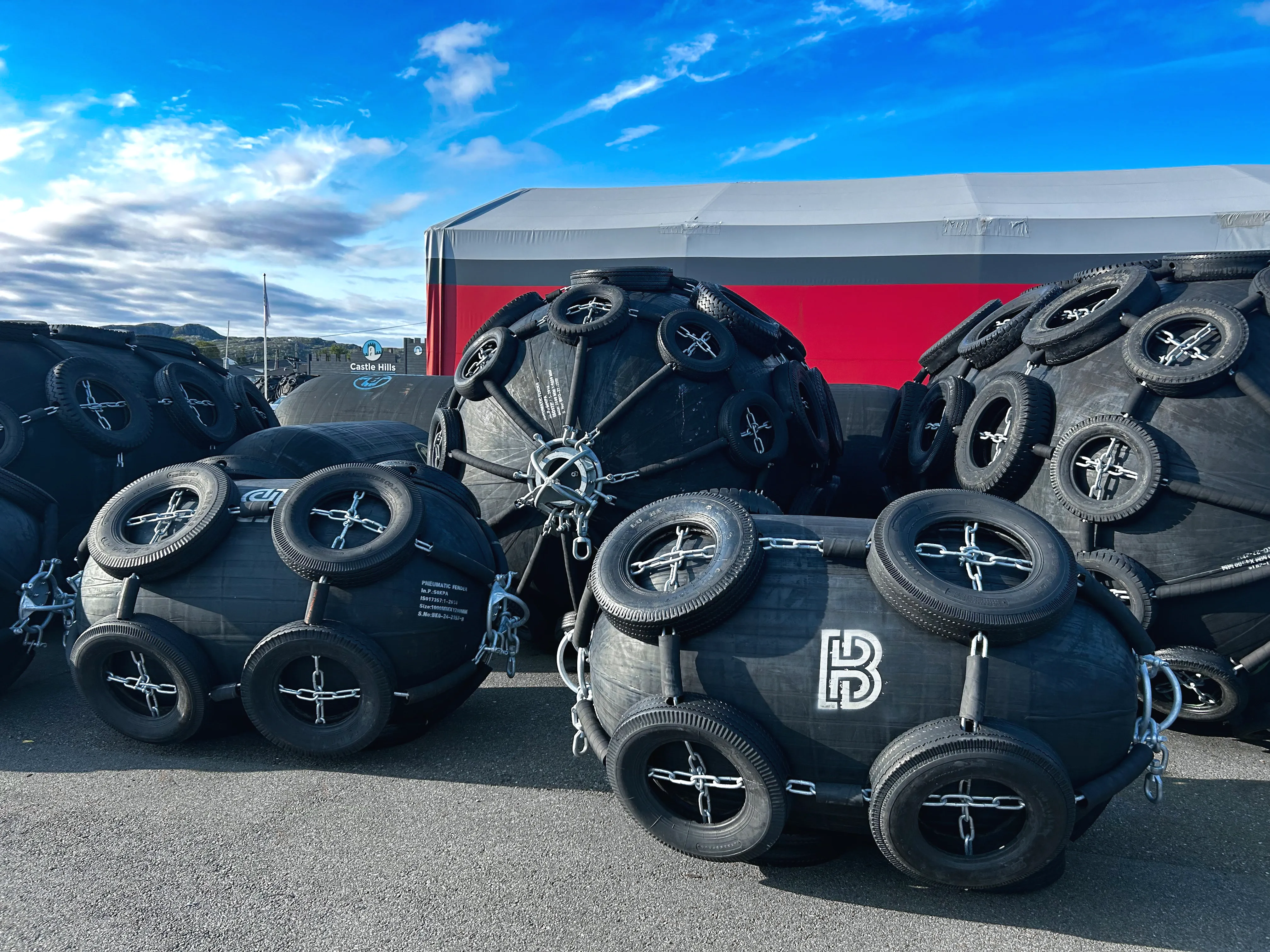 Pile of surface and tie mooring buoys on sale from Castle Hills